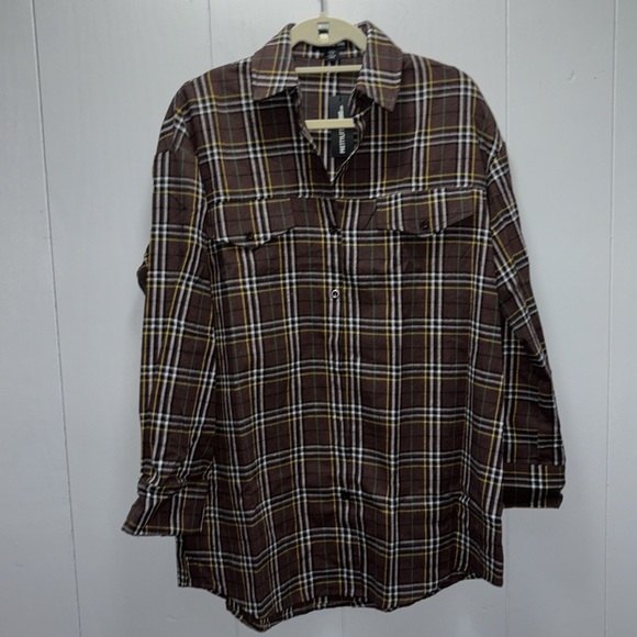 PrettyLittleThing Brown Checked Pocket Oversized Long Sleeve Plaid Shirt Size 4 - Picture 4 of 7